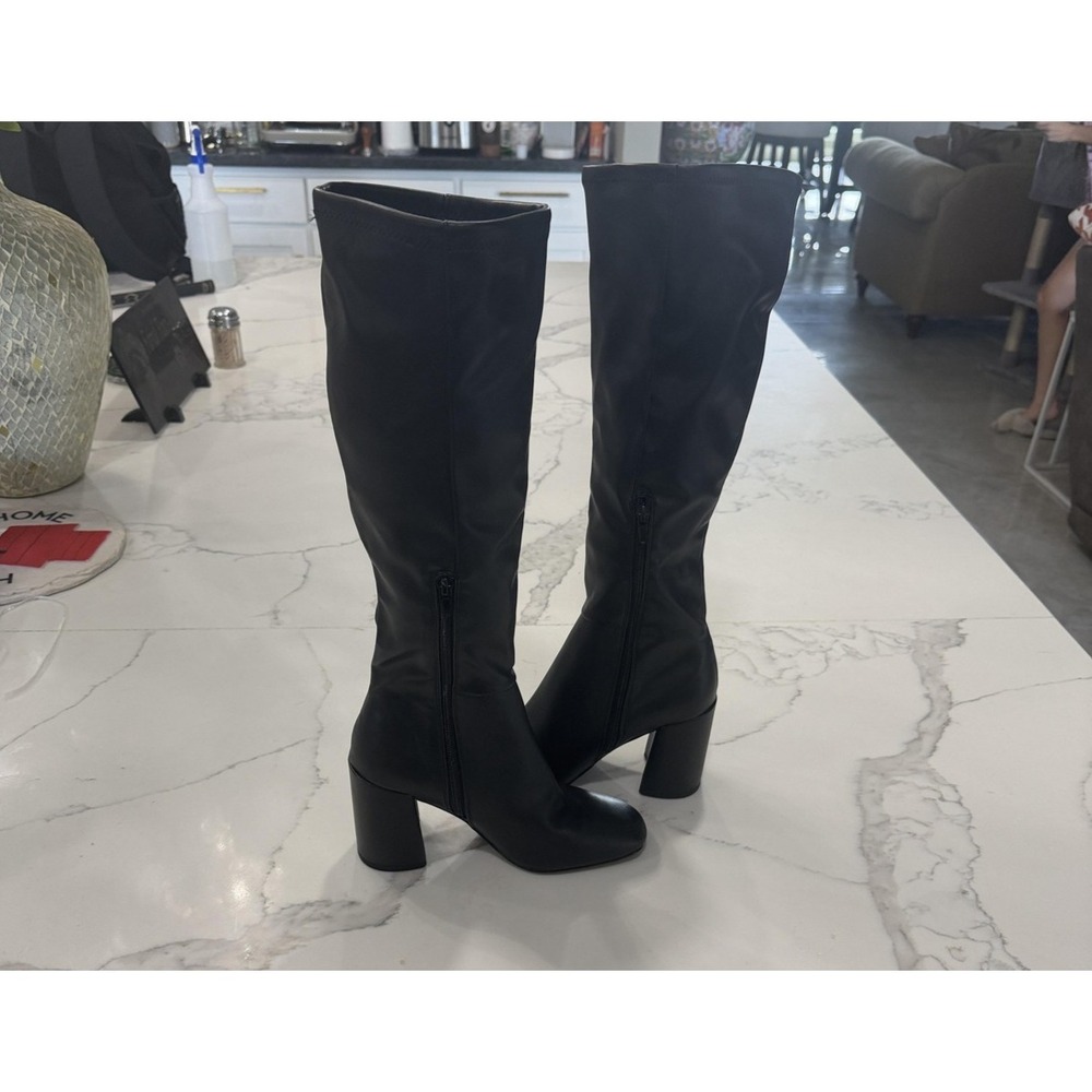 Riding Boots Womens Size 9 Black Faux Leather Knee High Heel Zip Square Toe